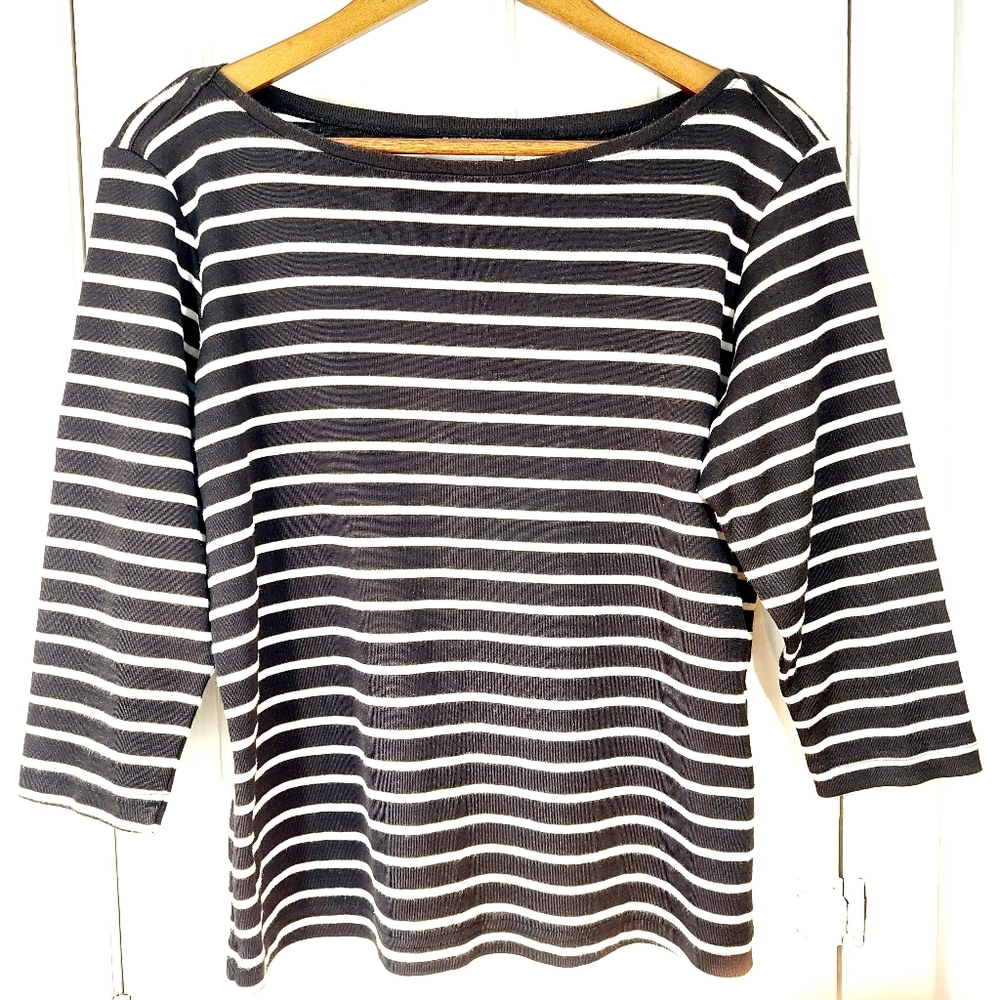 Vintage Design Assets B&W Sailor Striped Boat Neck Top with 3/4 Sleeves Sz XL